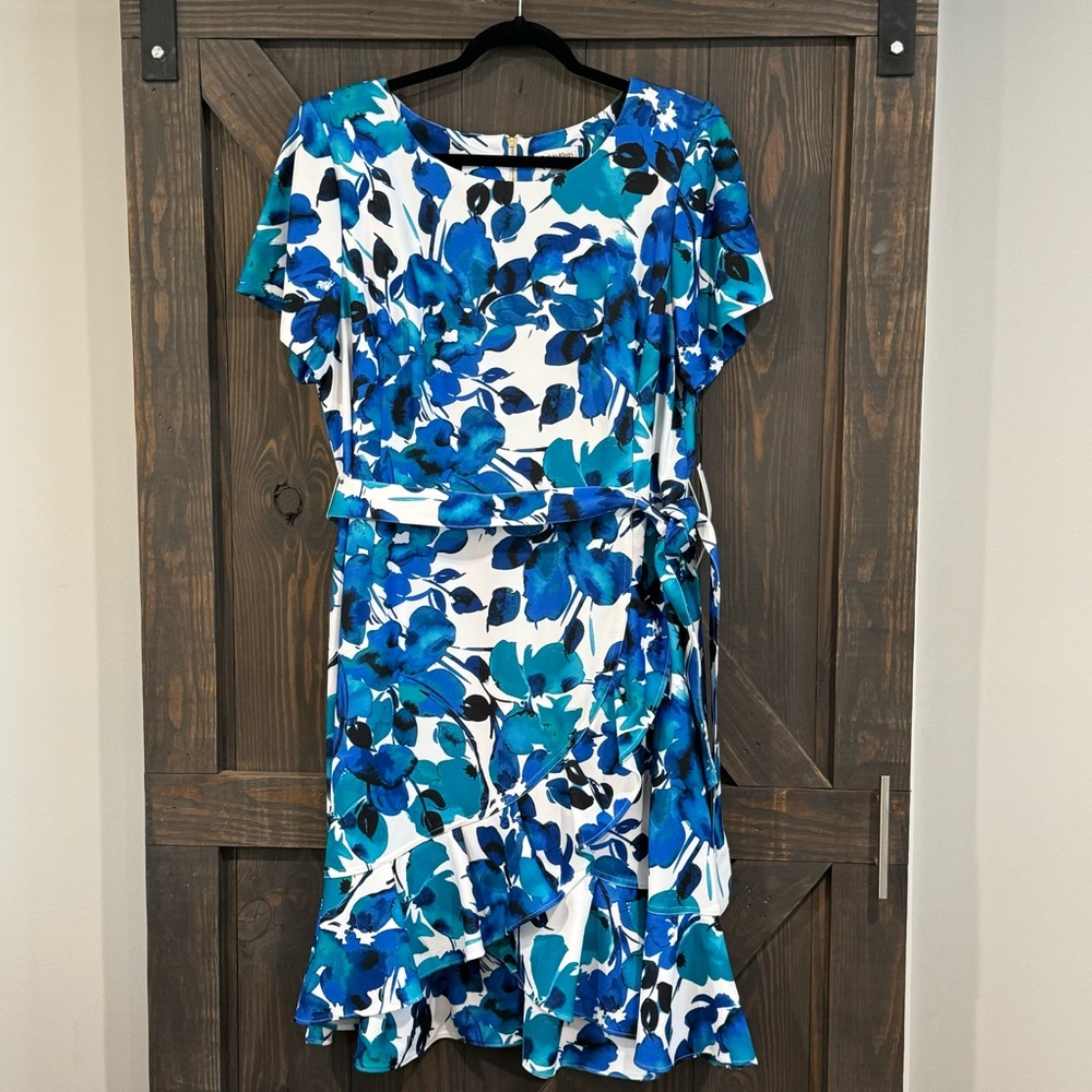 Calvin Klein Women’s Short Sleeve Belted‎ Blue Floral  Ruffle Hem Dress 20W NEW